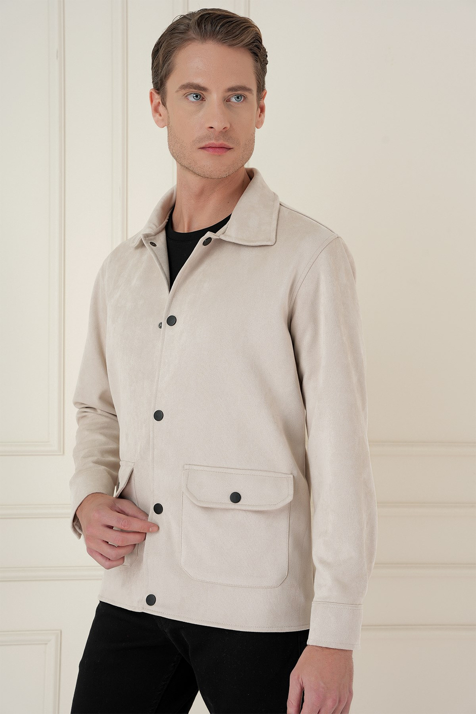 Comfort Fit Mono Yaka Kapaklı Cep Esnek Pamuklu Taş Süet Ceket C 699