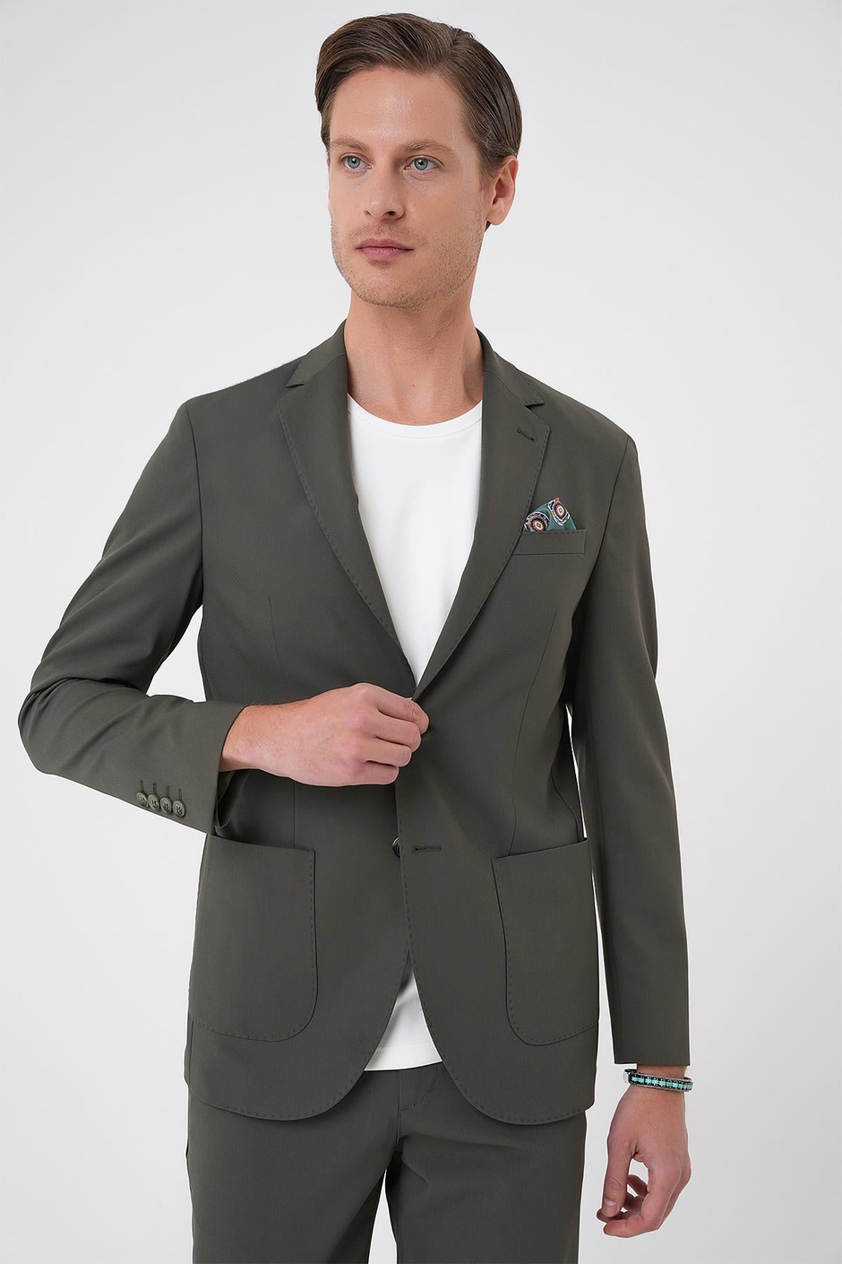 Comfort Fit Mono Yaka Torba Cep Esnek Pamuklu Haki Ceket C 707