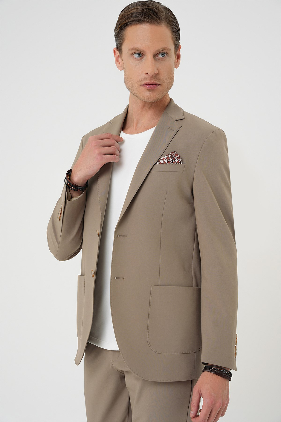 Comfort Fit Mono Yaka Torba Cep Esnek Pamuklu Bej Ceket C 707