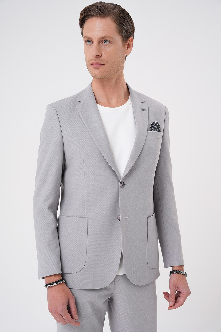 Comfort Fit Mono Yaka Torba Cep Esnek Pamuklu Gri Ceket C 708