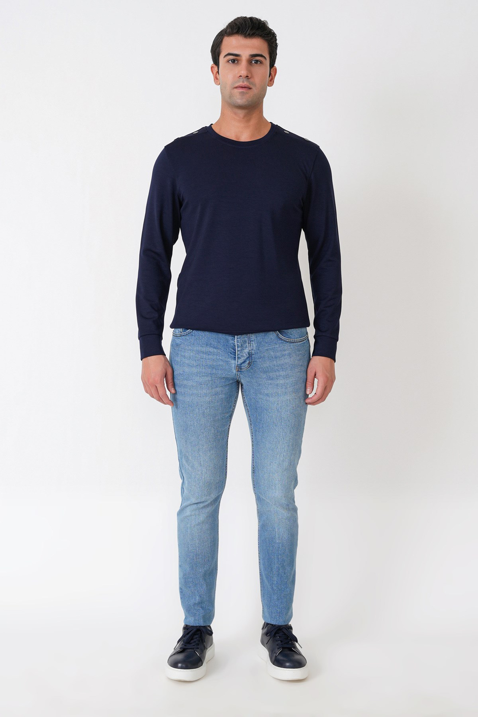 Comfort Fit Omuz Modelli Uzun Kollu Esnek Pamuk Lacivert Tişört TS 933
