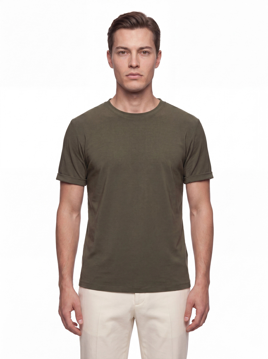 Comfort Fit Pamuklu Bisiklet Yaka Haki Tişört TS 929