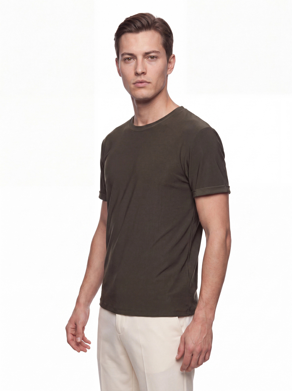 Comfort Fit Pamuklu Bisiklet Yaka Haki Tişört TS 929