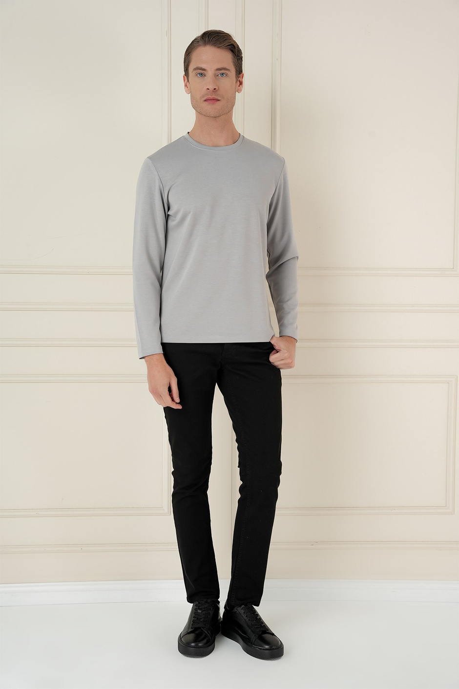 Comfort Fit Pamuklu Bisiklet Yaka Uzun Kollu Gri Tişört TS 892