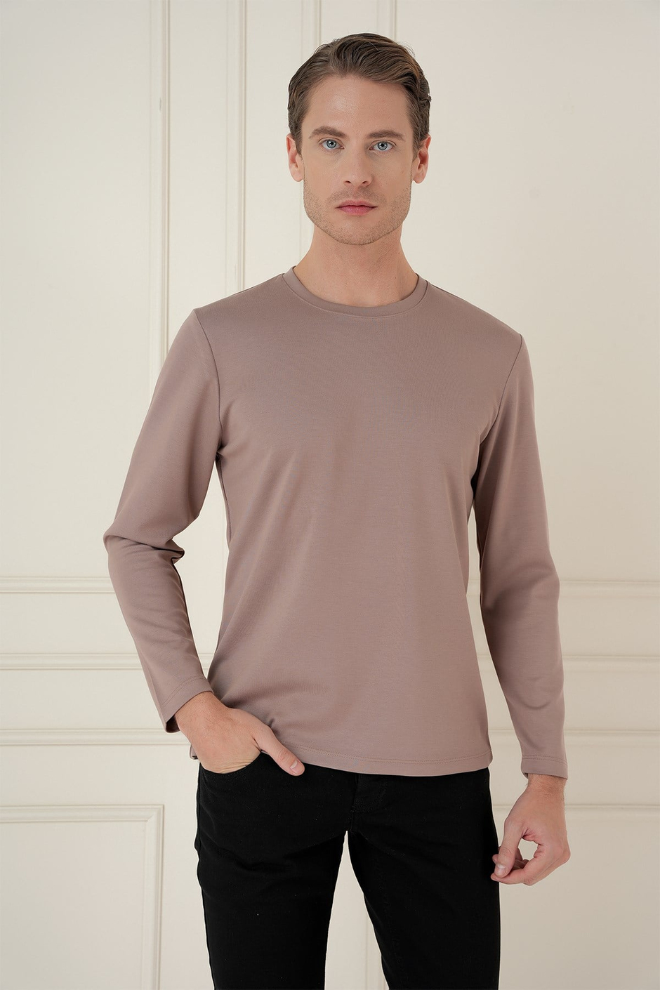 Comfort Fit Pamuklu Bisiklet Yaka Uzun Kollu Vizon Tişört TS 892