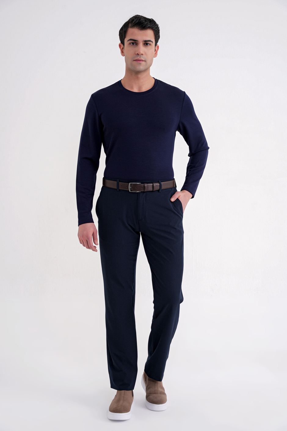 Comfort Fit Pamuklu Bisiklet Yaka Uzun Kollu Lacivert Tişört TS 892