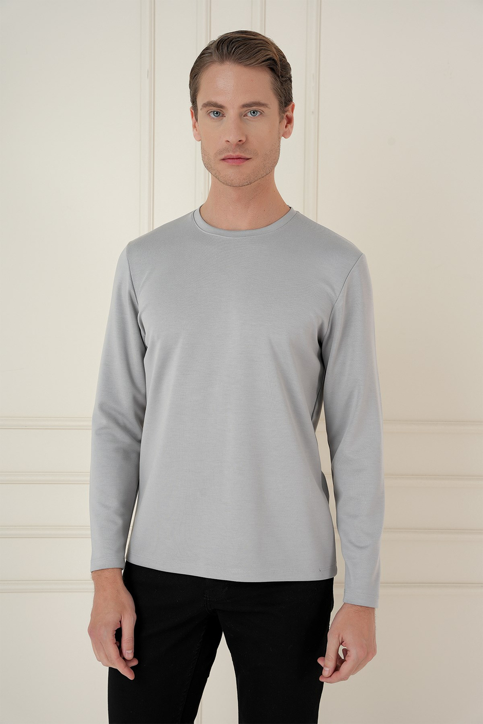 Comfort Fit Pamuklu Bisiklet Yaka Uzun Kollu Gri Tişört TS 892