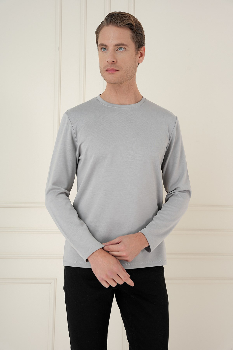 Comfort Fit Pamuklu Bisiklet Yaka Uzun Kollu Gri Tişört TS 892