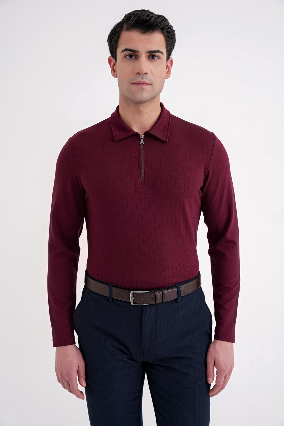 Comfort Fit Pamuklu Fermuarlı Polo Yaka Uzun Kollu Bordo Tişört TS 919