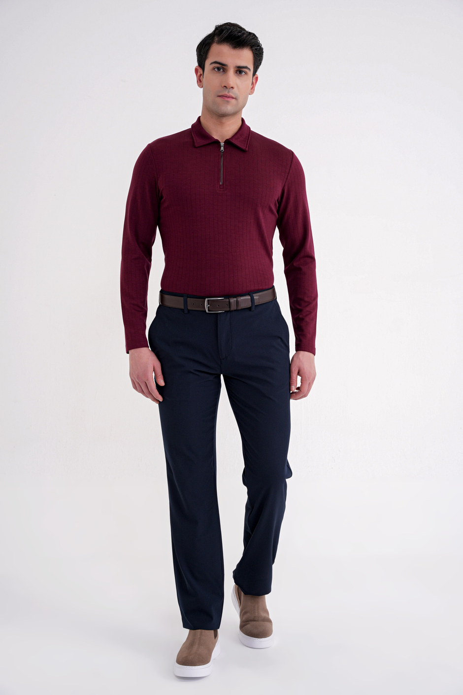 Comfort Fit Pamuklu Fermuarlı Polo Yaka Uzun Kollu Bordo Tişört TS 919