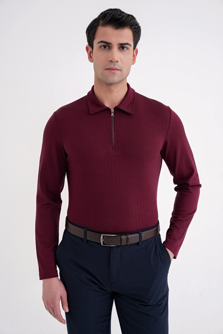 Comfort Fit Pamuklu Fermuarlı Polo Yaka Uzun Kollu Bordo Tişört TS 919