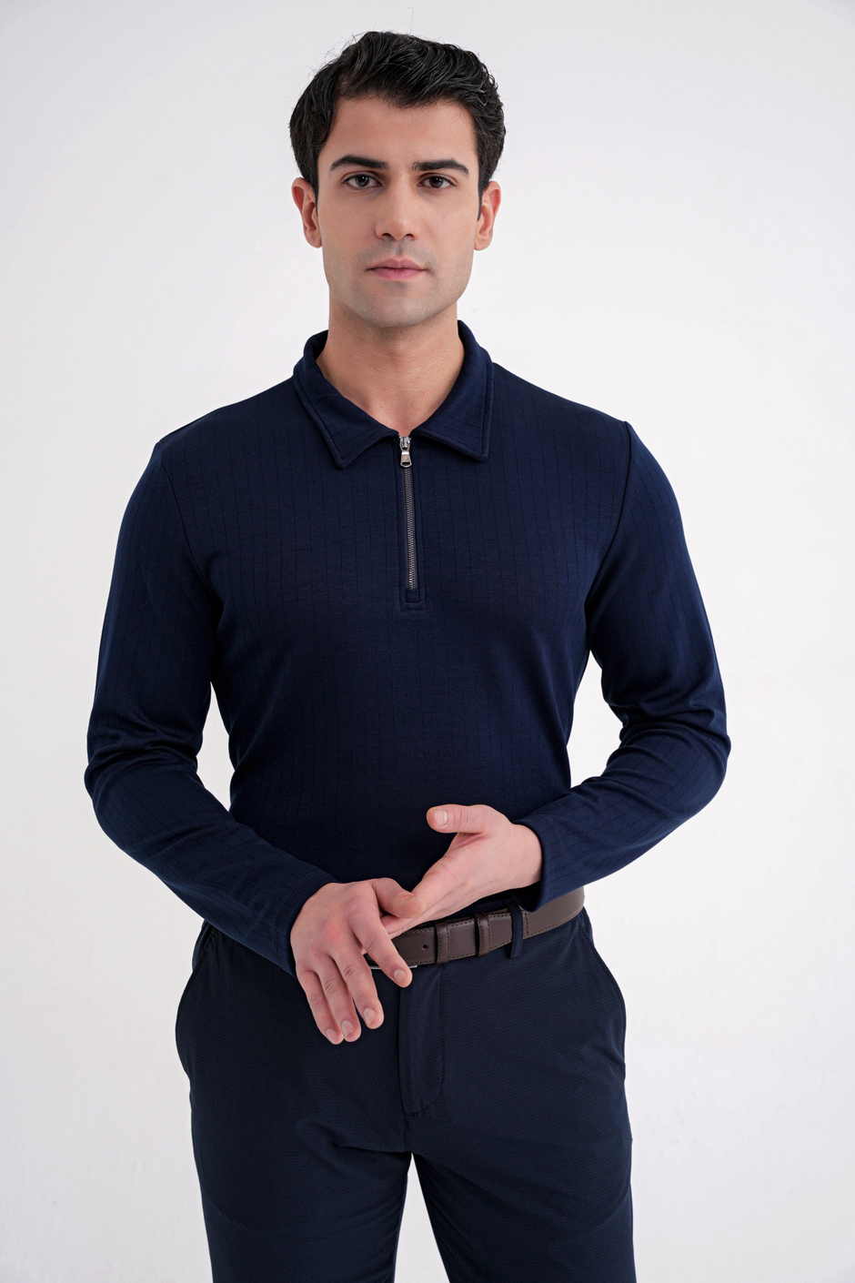 Comfort Fit Pamuklu Fermuarlı Polo Yaka Uzun Kollu Lacivert Tişört TS 919
