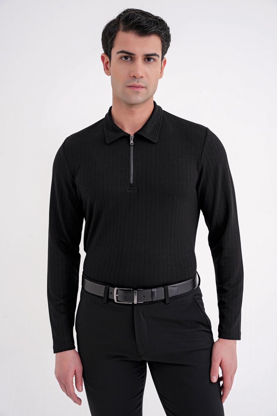 Comfort Fit Pamuklu Fermuarlı Polo Yaka Uzun Kollu Siyah Tişört TS 919