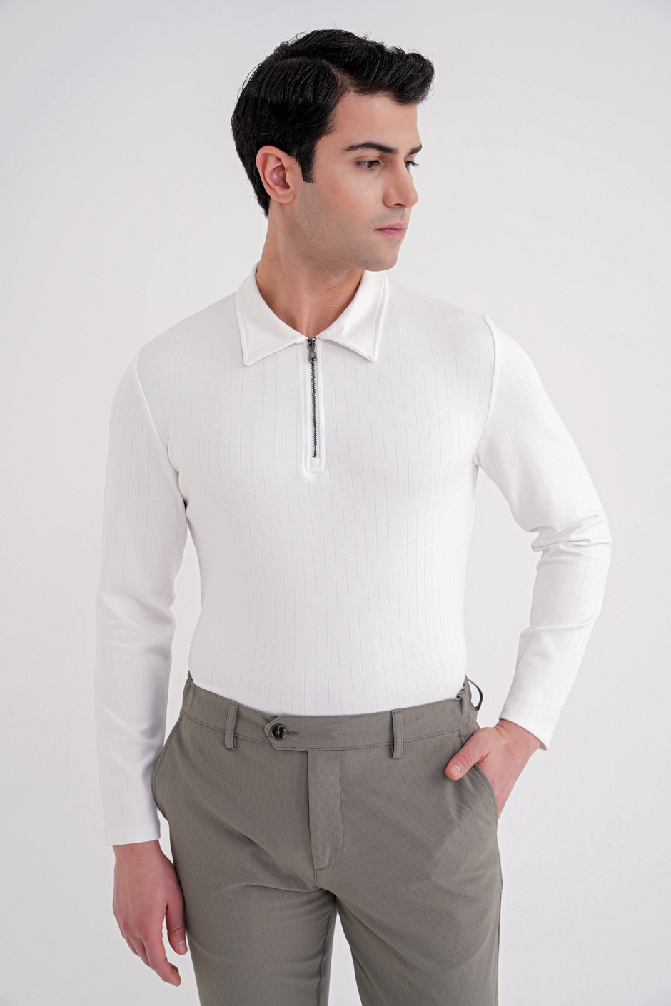 Comfort Fit Pamuklu Fermuarlı Polo Yaka Uzun Kollu Ekru Tişört TS 919