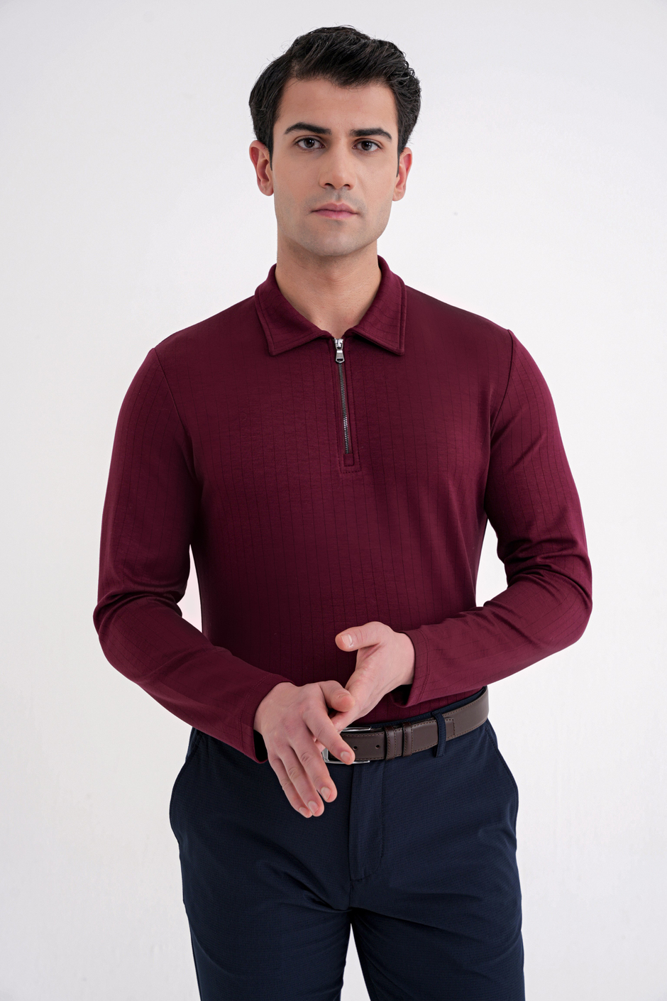 Comfort Fit Pamuklu Fermuarlı Polo Yaka Uzun Kollu Bordo Tişört TS 919