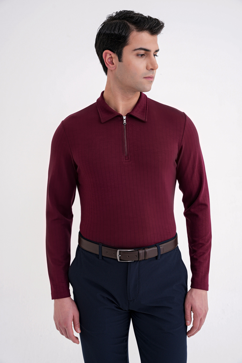 Comfort Fit Pamuklu Fermuarlı Polo Yaka Uzun Kollu Bordo Tişört TS 919