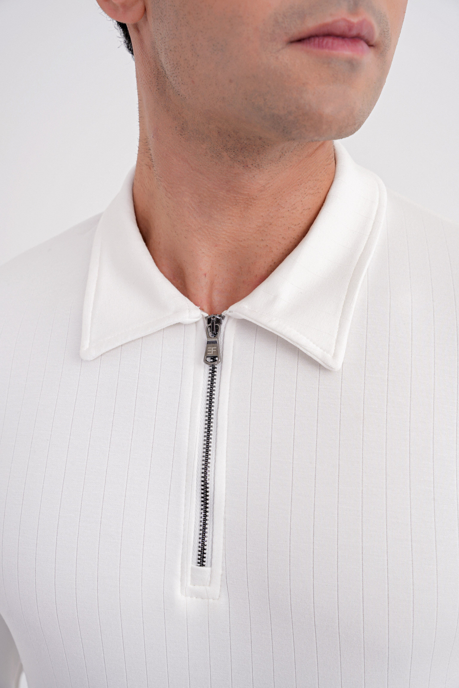 Comfort Fit Pamuklu Fermuarlı Polo Yaka Uzun Kollu Ekru Tişört TS 919