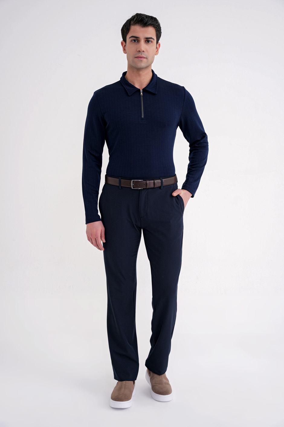 Comfort Fit Pamuklu Fermuarlı Polo Yaka Uzun Kollu Lacivert Tişört TS 919