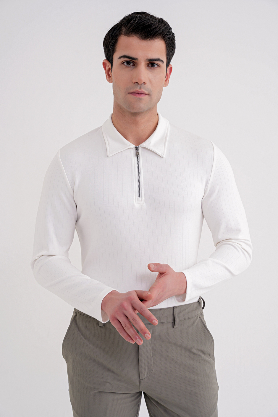 Comfort Fit Pamuklu Fermuarlı Polo Yaka Uzun Kollu Ekru Tişört TS 919