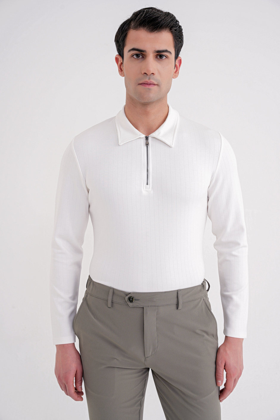 Comfort Fit Pamuklu Fermuarlı Polo Yaka Uzun Kollu Ekru Tişört TS 919