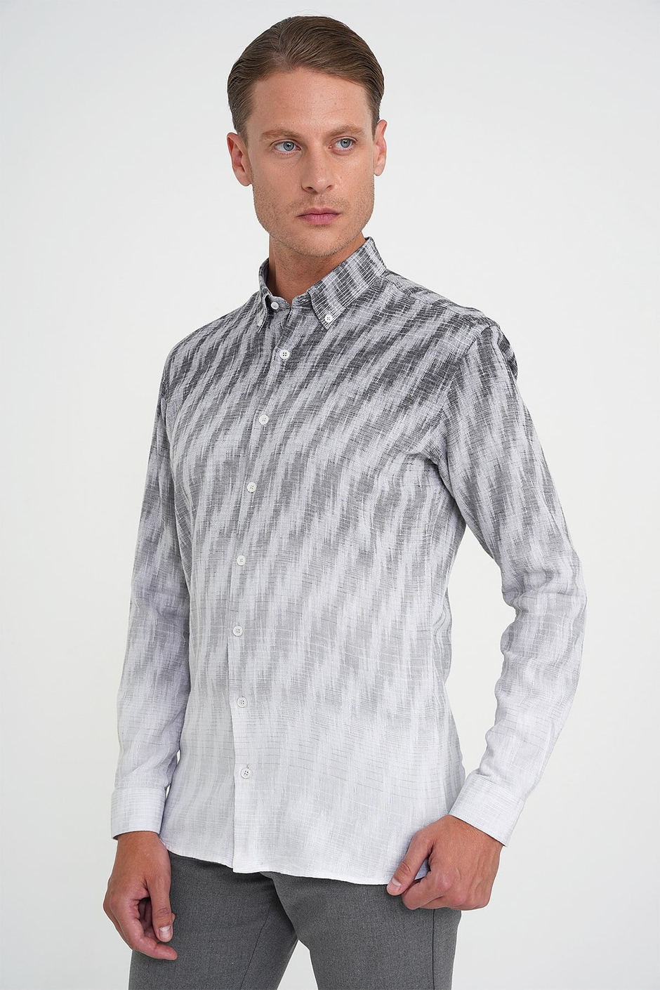 Comfort Fit Pano Desen Düğme Yaka %100 Keten Gri Gömlek G 1594
