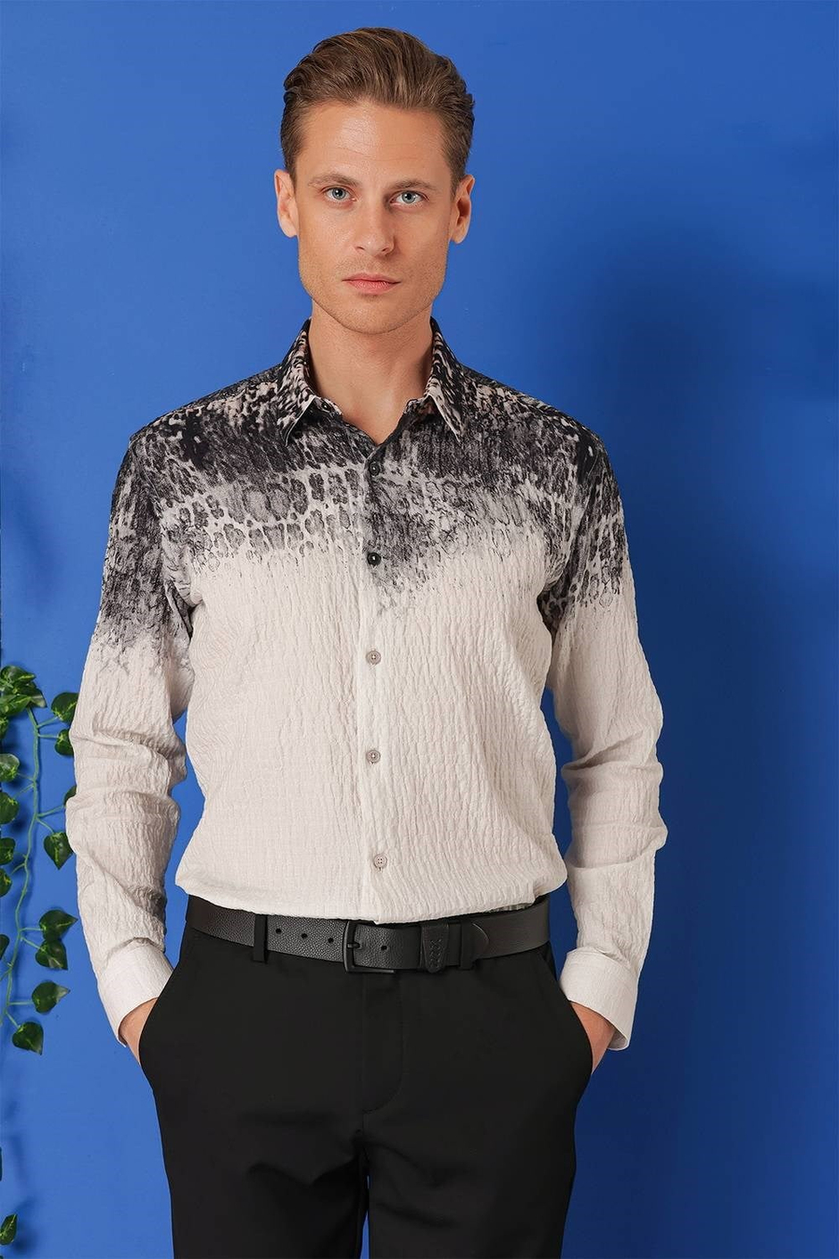 Comfort Fit Pano Desen Kırışık Dokulu %100 Pamuk Antrasit Gömlek G 1570
