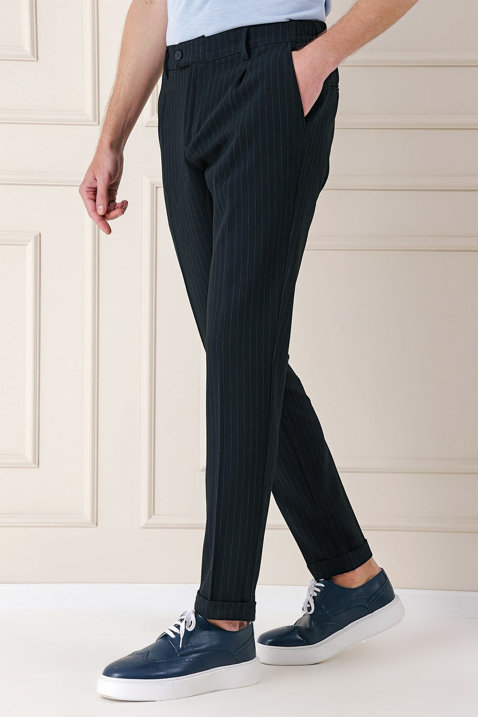 Comfort Fit Pileli İtalyan Çizgili Esnek Pamuk Siyah Pantolon  P 1156