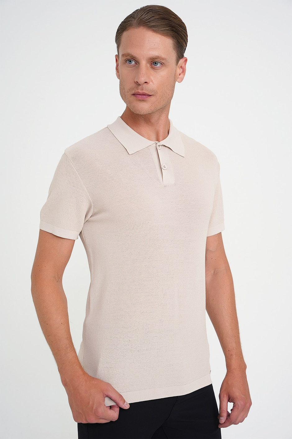 Comfort Fit Polo Yaka Kısa Kollu Bej Triko Tr 883