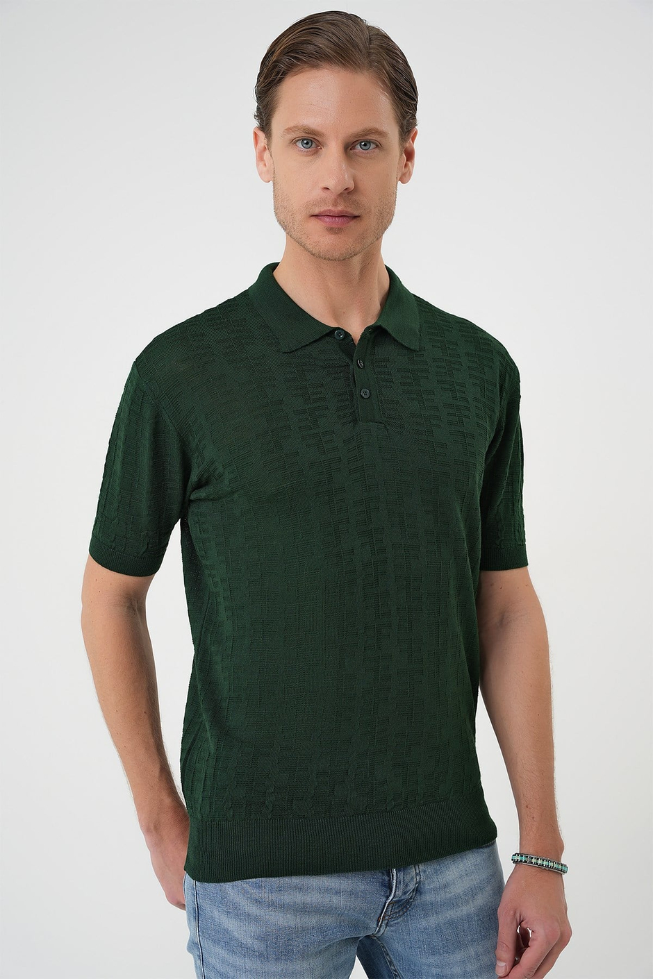 Comfort Fit Polo Yaka Pamuklu Kısa Kol Casual Yeşil Triko Tişört Tr 880