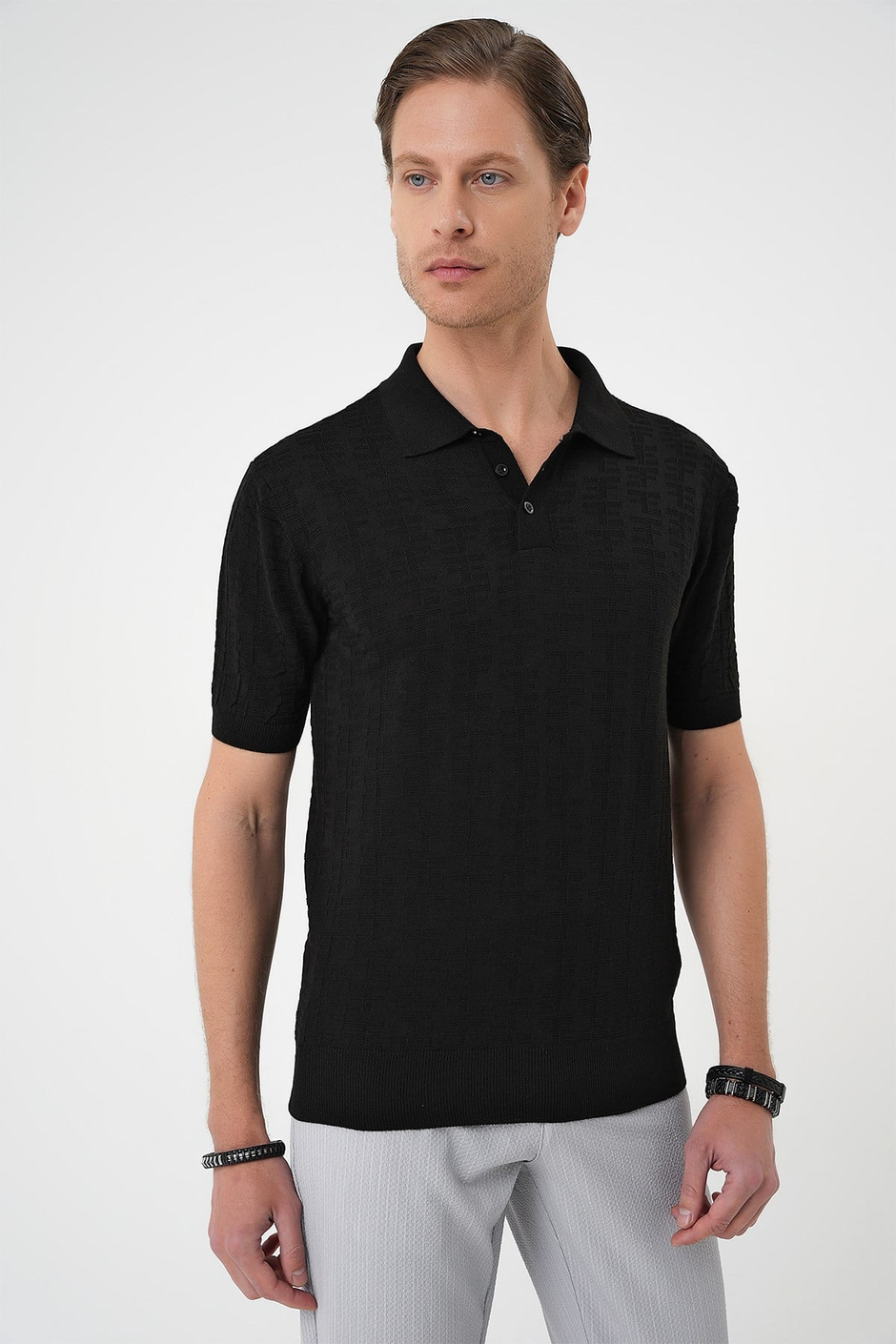 Comfort Fit Polo Yaka Pamuklu Kısa Kol Casual Siyah Triko Tişört Tr 880