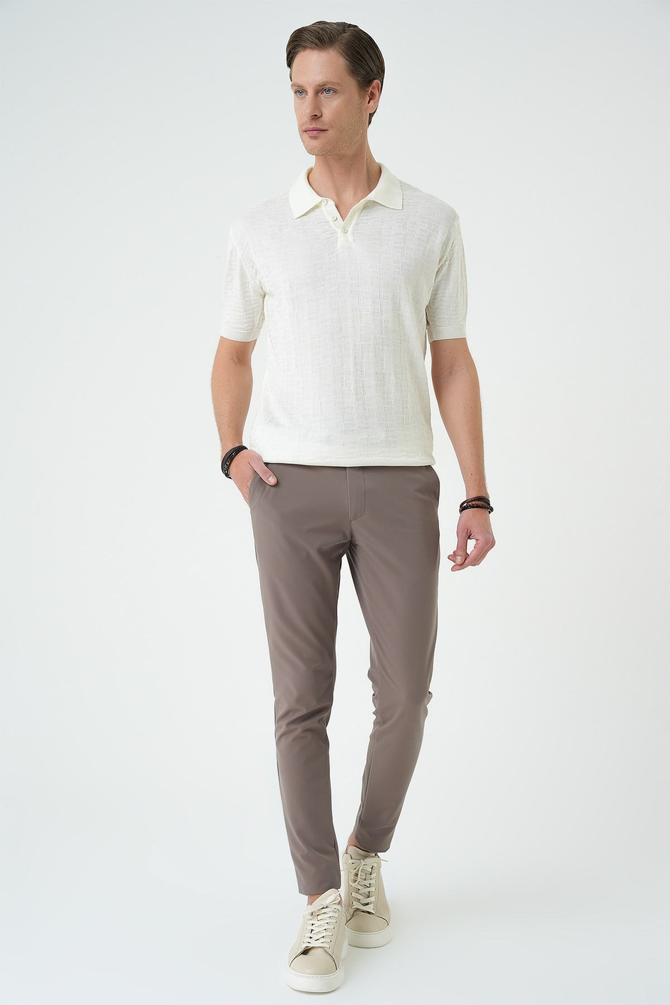 Comfort Fit Polo Yaka Pamuklu Kısa Kol Casual Ekru Triko Tişört Tr 880
