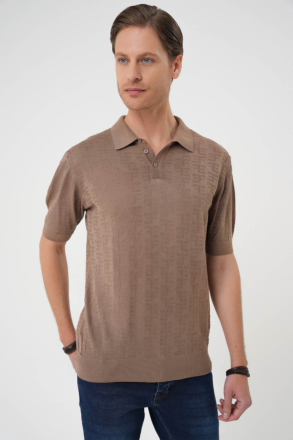 Comfort Fit Polo Yaka Pamuklu Kısa Kol Casual Vizon Triko Tişört Tr 880