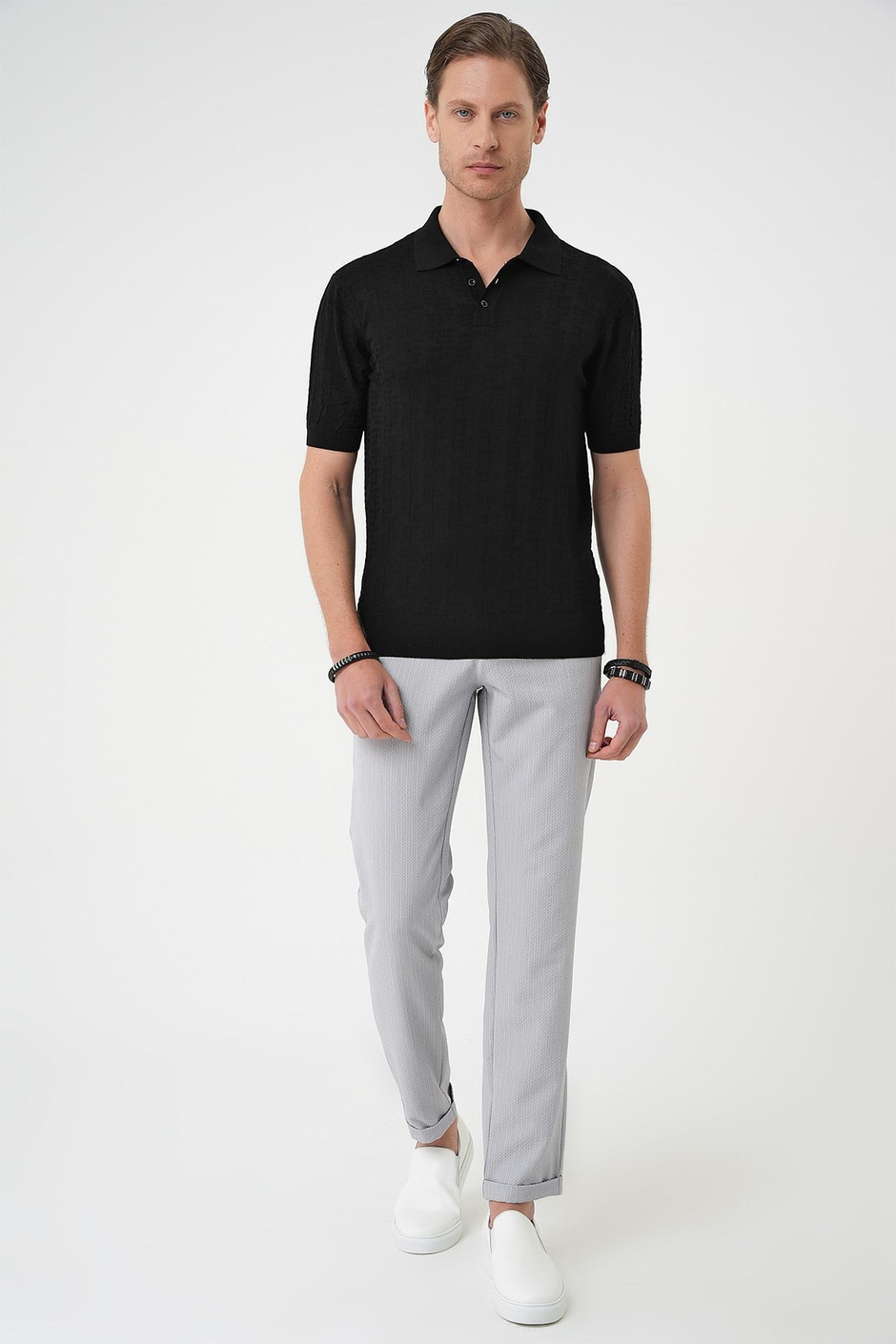 Comfort Fit Polo Yaka Pamuklu Kısa Kol Casual Siyah Triko Tişört Tr 880