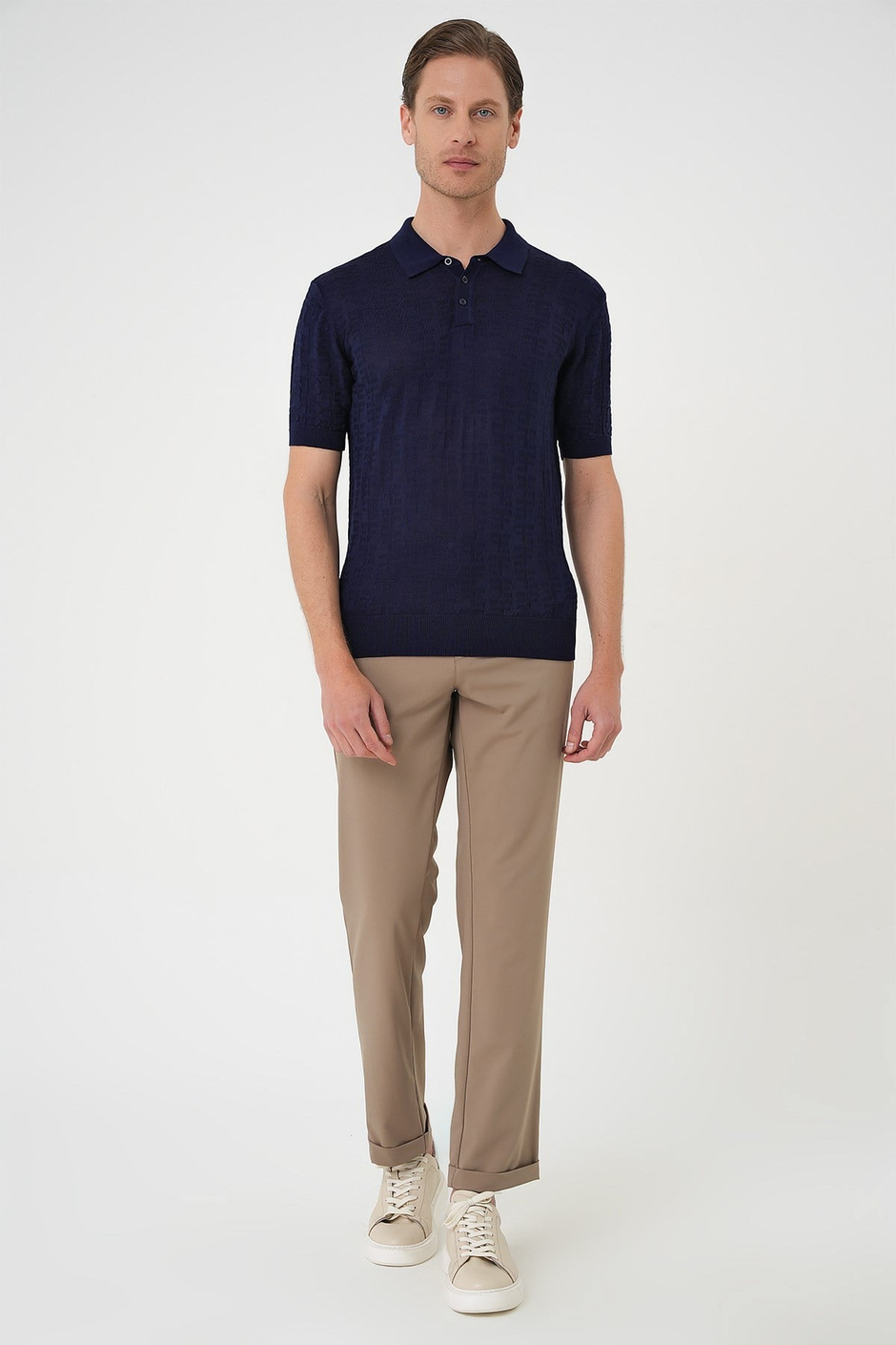 Comfort Fit Polo Yaka Pamuklu Kısa Kol Casual Lacivert Triko Tişört Tr 880