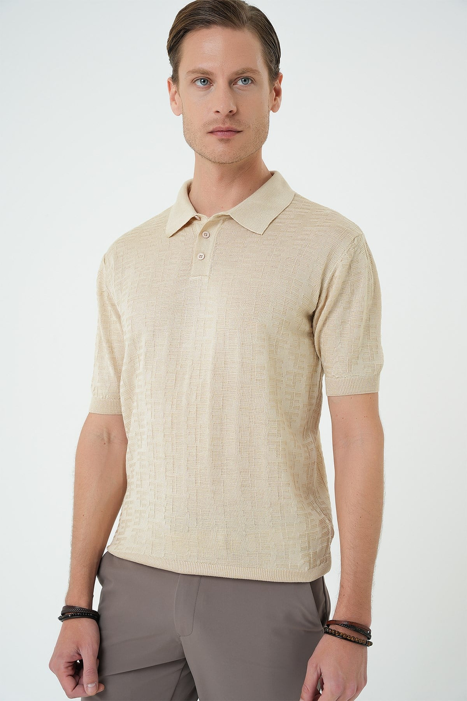 Comfort Fit Polo Yaka Pamuklu Kısa Kol Casual Bej Triko Tişört Tr 880