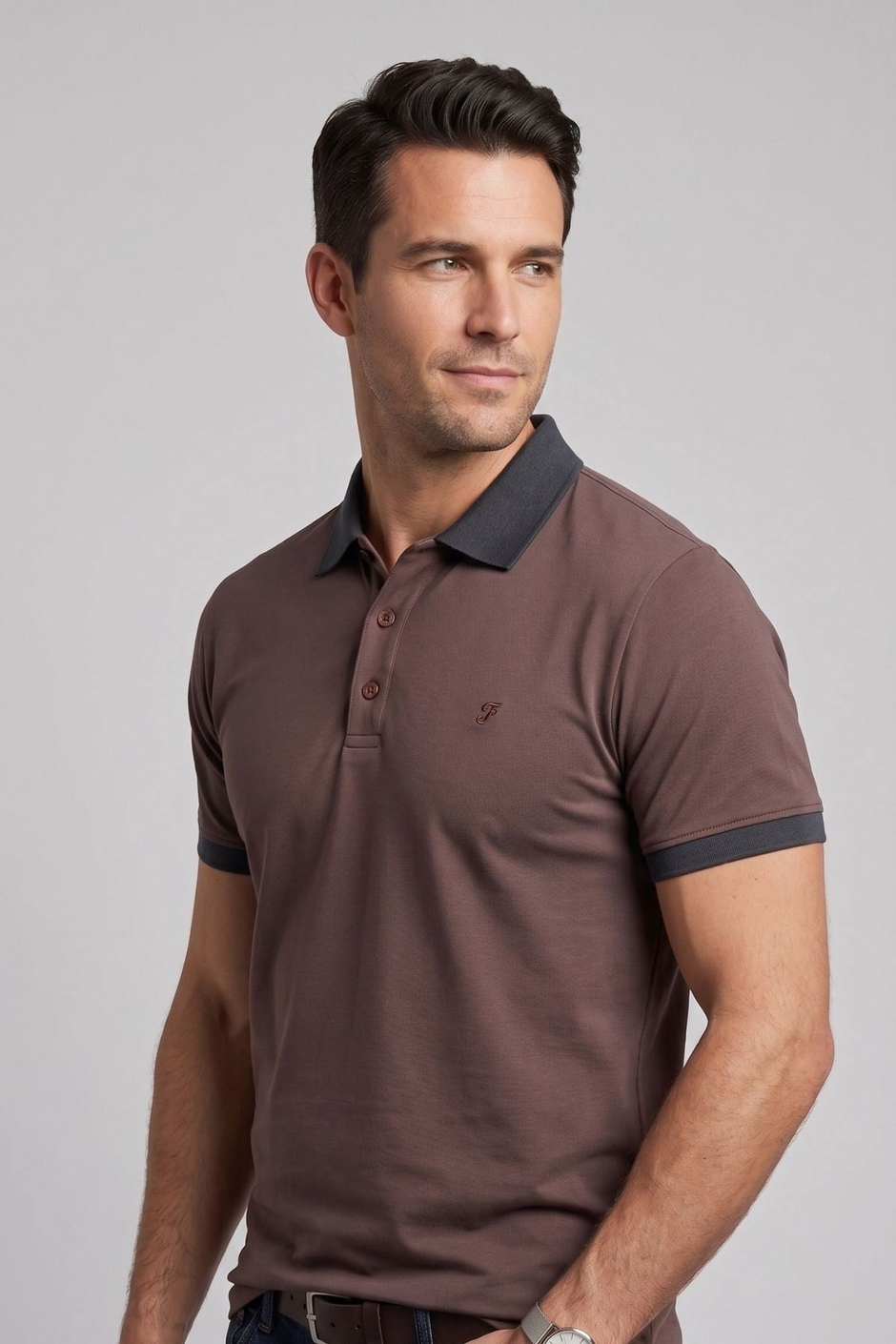 Comfort Fit Rahat Kalıp %100 Pamuk Kıvrılmaz Yaka Lacivert Kahverengi Polo Yaka Tişört TS 931