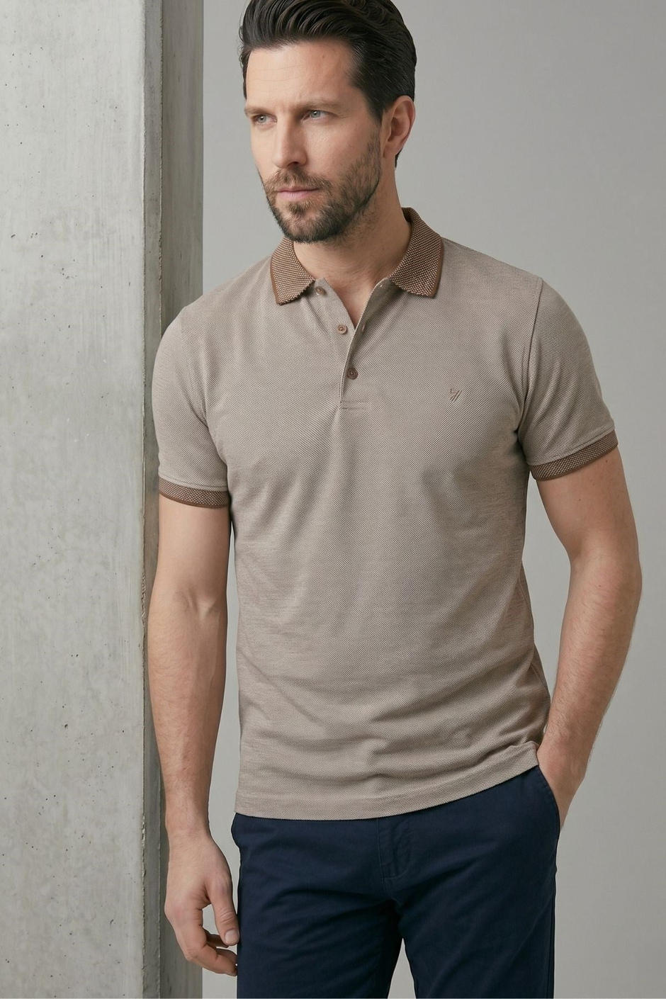 Comfort Fit Rahat Kalıp %100 Pamuk Kıvrılmaz Yaka Ekru-Vizon Polo Yaka Tişört TS 931
