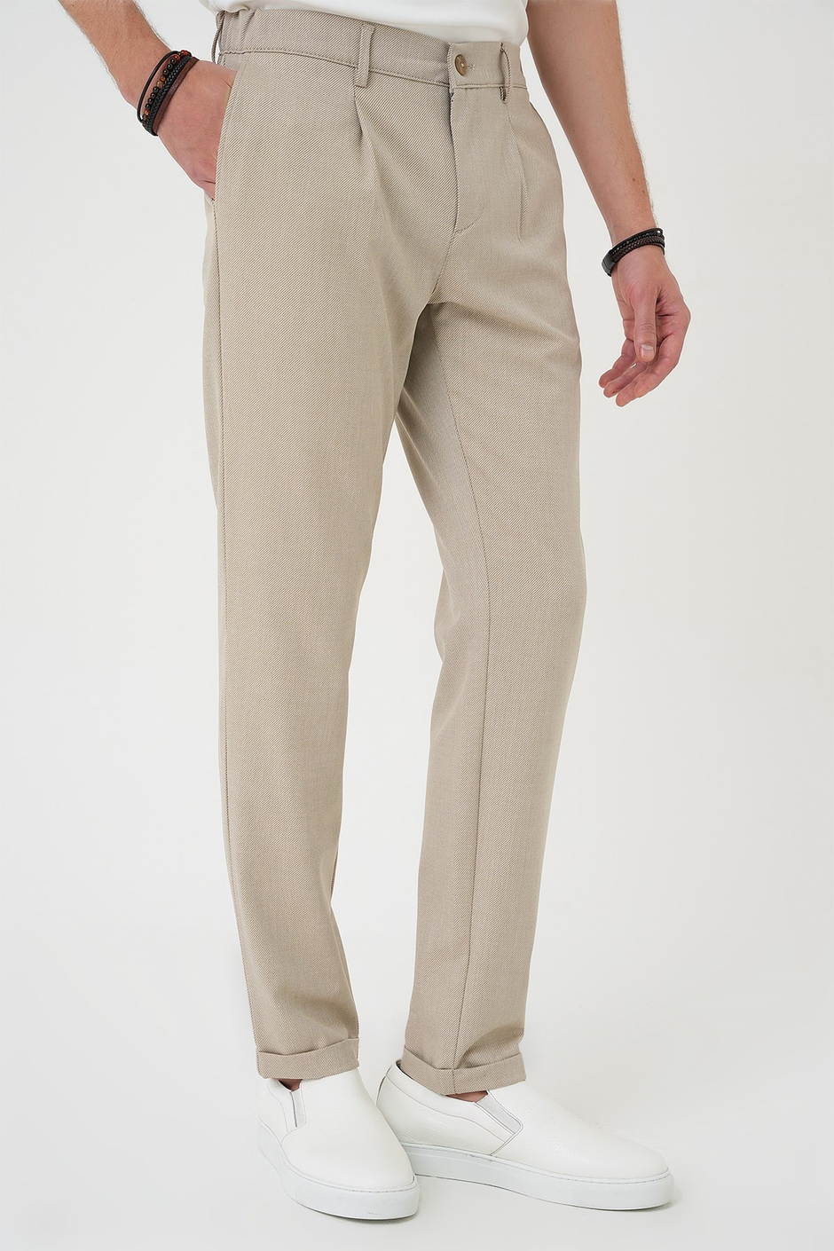 Comfort Fit Rahat Kalıp Beli Lastikli Pileli Bej Jogger Pantolon  P 1182