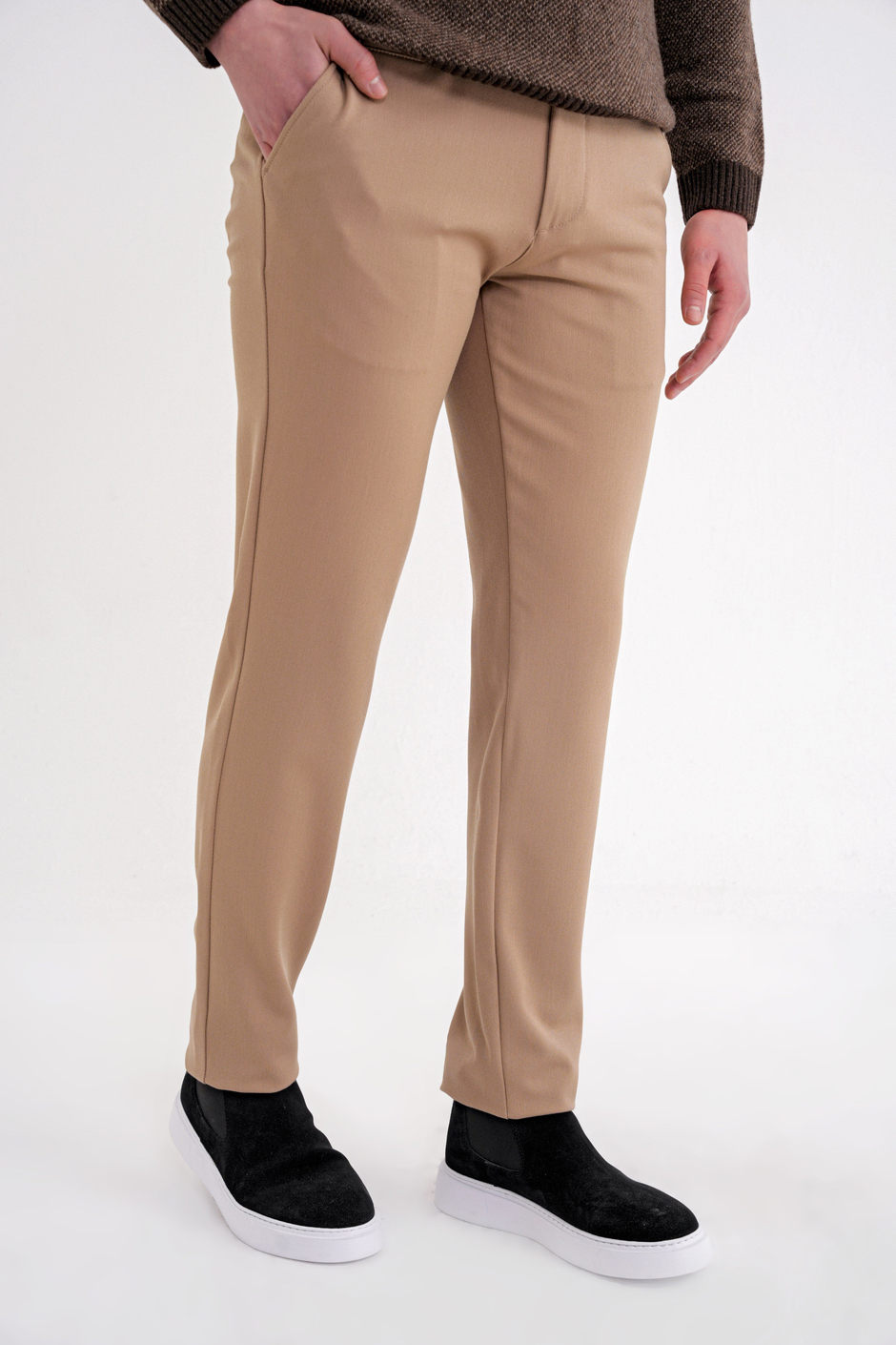 Comfort Fit Rahat Kalıp Beli Lastikli Esnek Pamuklu Düz Bej Pantolon P 1200