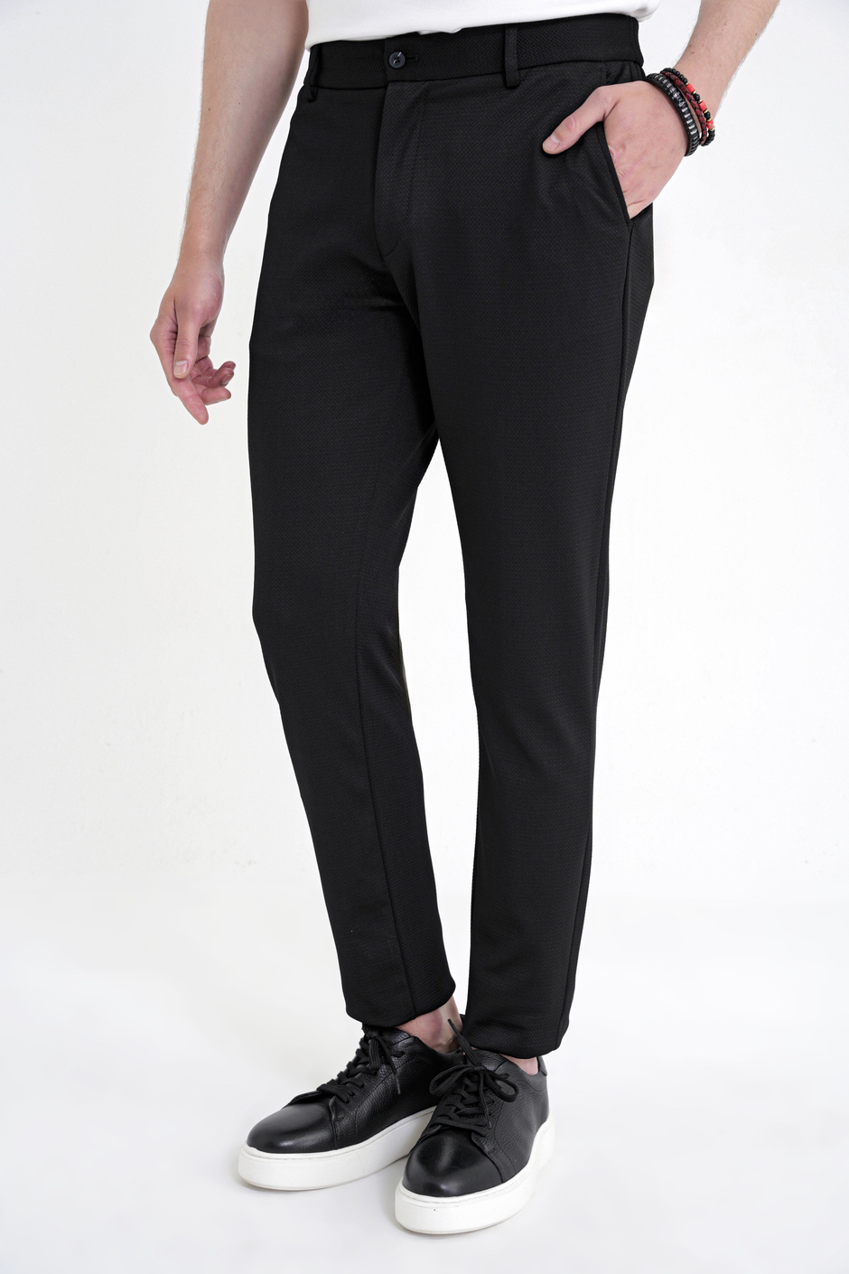Comfort Fit Rahat Kalıp Beli Lastikli Armürlü Dokuma Esnek Pamuklu Siyah Jogger Pantolon P 1217
