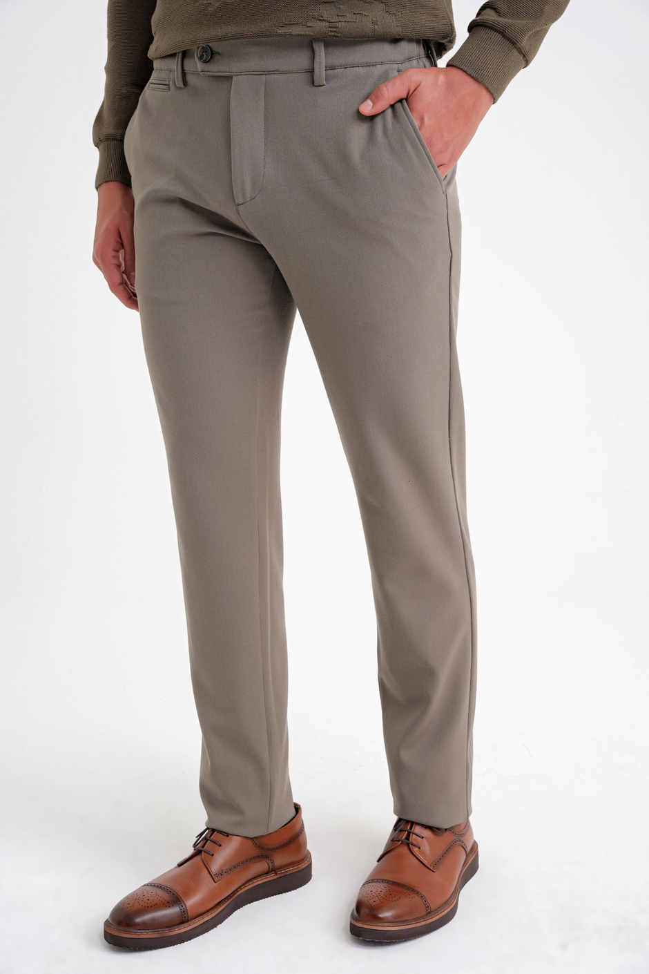 Comfort Fit Rahat Kalıp Beli Lastikli Esnek Pamuklu Düz Haki Pantolon P 1200