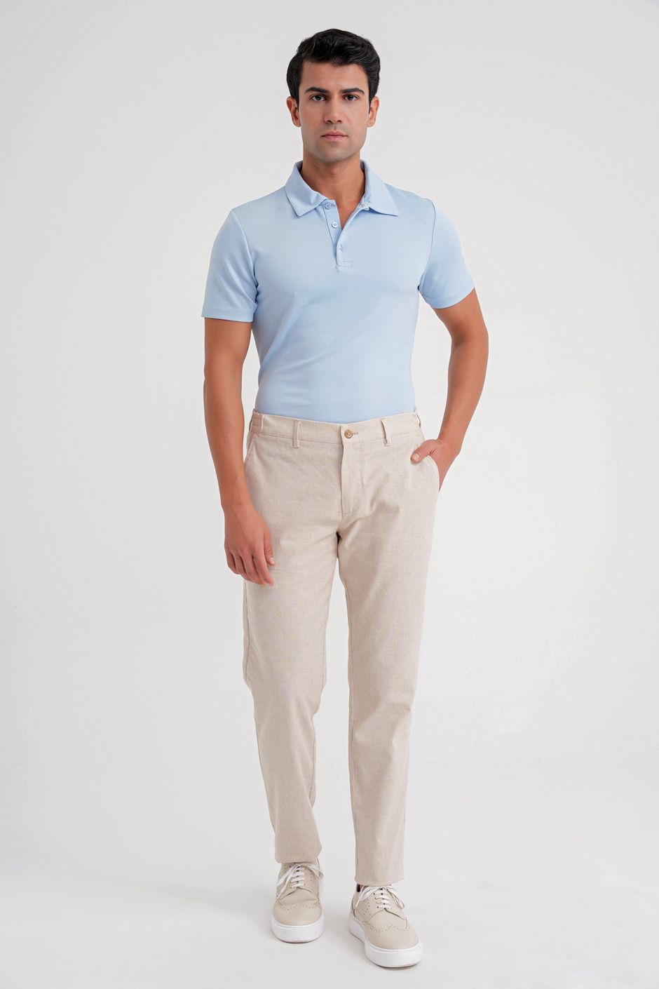 Comfort Fit Rahat Kalıp Beli Lastikli Esnek Çizgili Bej Jogger Pantolon P 1196