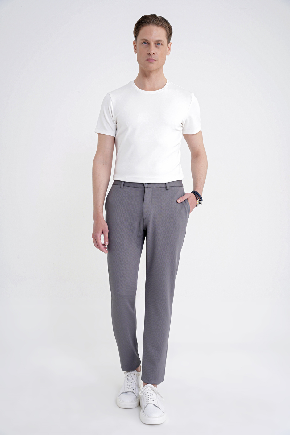 Comfort Fit Rahat Kalıp Beli Lastikli Armürlü Dokuma Esnek Pamuklu Gri Jogger Pantolon P 1217