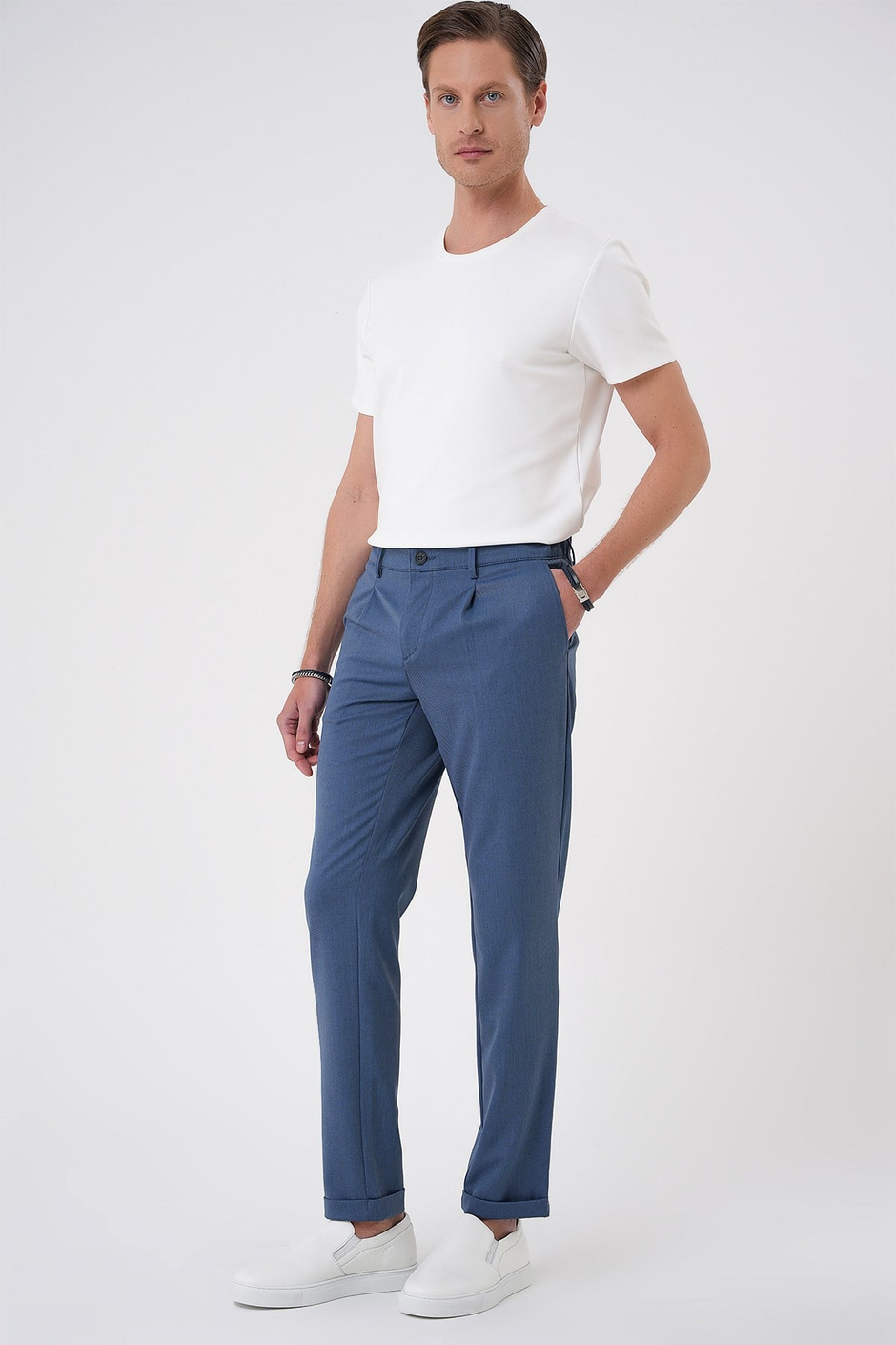 Comfort Fit Rahat Kalıp Beli Lastikli Pileli İndigo Jogger Pantolon  P 1182