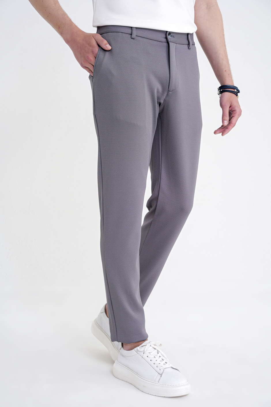 Comfort Fit Rahat Kalıp Beli Lastikli Armürlü Dokuma Esnek Pamuklu Gri Jogger Pantolon P 1217