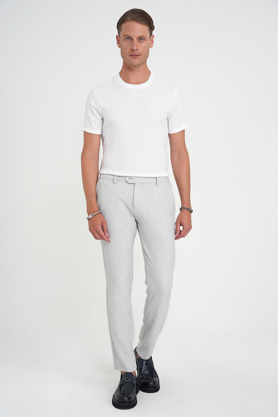 Comfort Fit Rahat Kalıp Beli Lastikli Balıksırtı Desen Açık Gri Pantolon P 1175