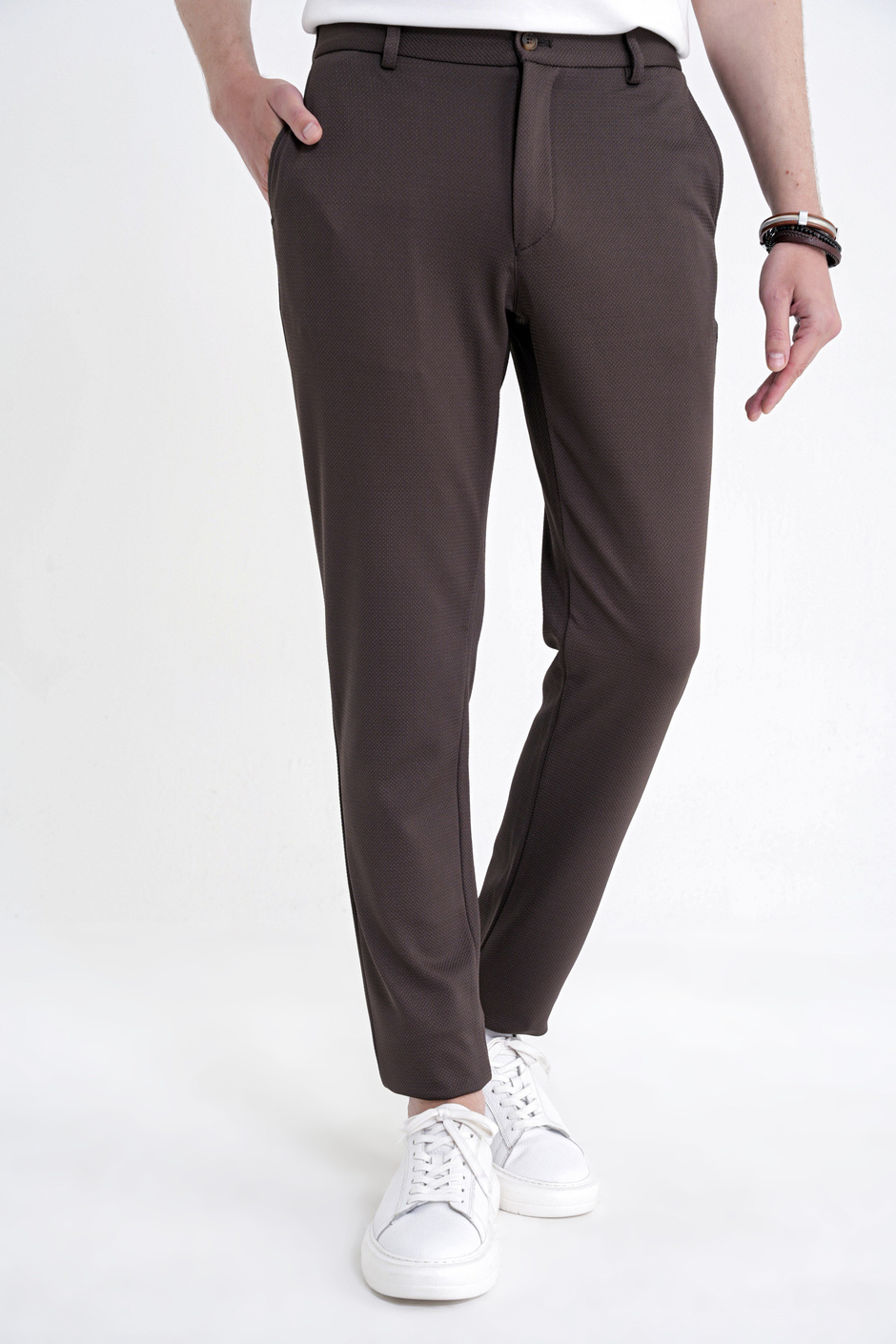 Comfort Fit Rahat Kalıp Beli Lastikli Armürlü Dokuma Esnek Pamuklu Kahverengi Jogger Pantolon P 1217
