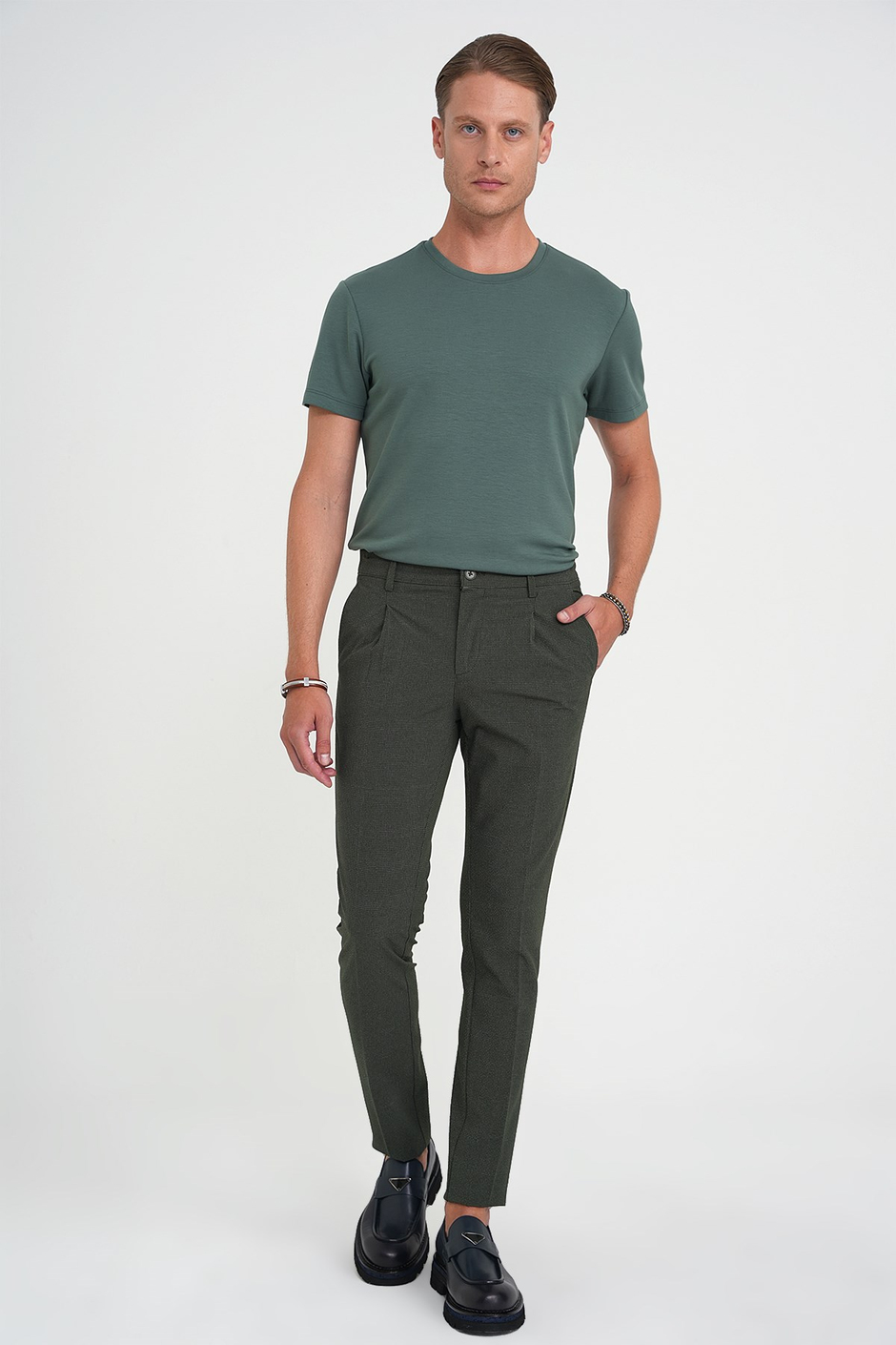 Comfort Fit Rahat Kalıp Beli Lastikli Tek Pileli Pötikare Dokulu Yeşil Pantolon P 1193