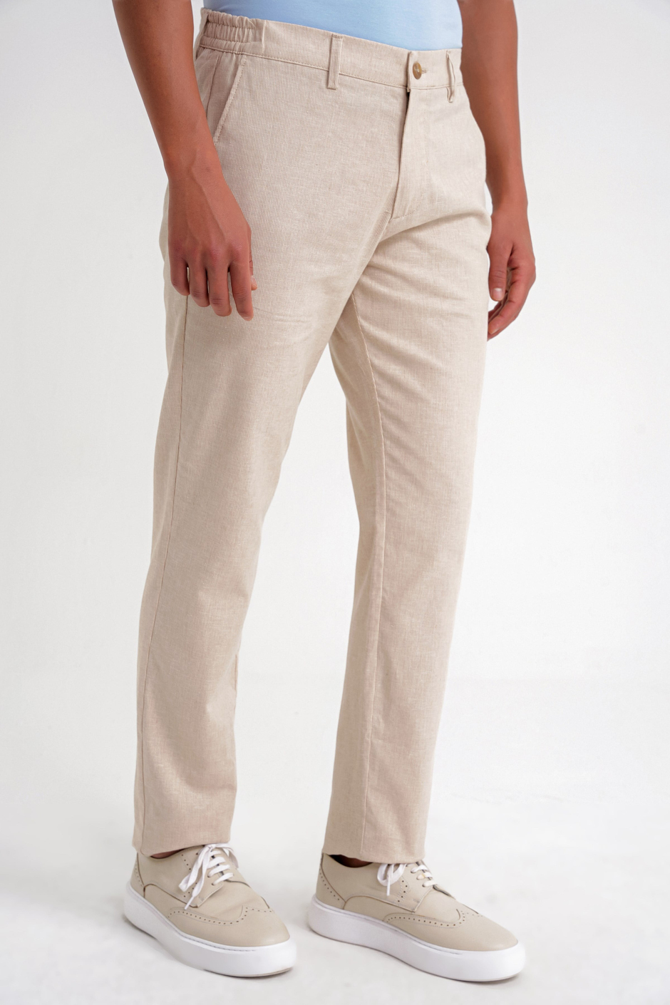 Comfort Fit Rahat Kalıp Beli Lastikli Esnek Çizgili Bej Jogger Pantolon P 1196