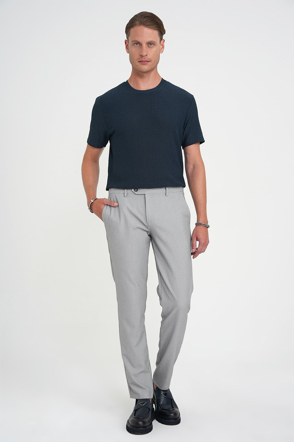 Comfort Fit Rahat Kalıp Beli Lastikli Dokulu Gri Jogger Pantolon  P 1192
